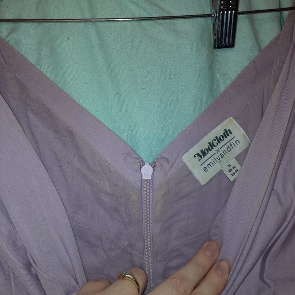 Modcloth x Emily and Fin surplice Keener Postures A-Line Dress lavender - Picture 4 of 6